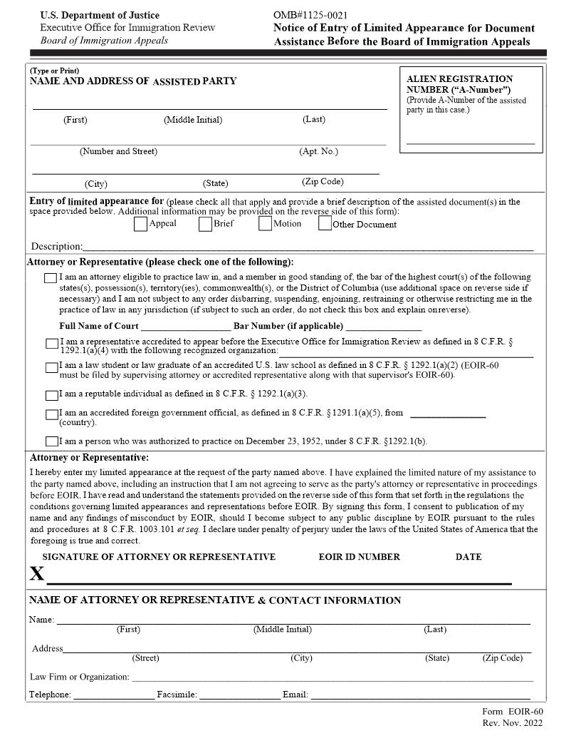 Notice Of Entry Of Limited Appearance For Document Assistance-Board Of Immigration Appeals {EOIR-60} | Pdf Fpdf Docx | Official Federal Forms