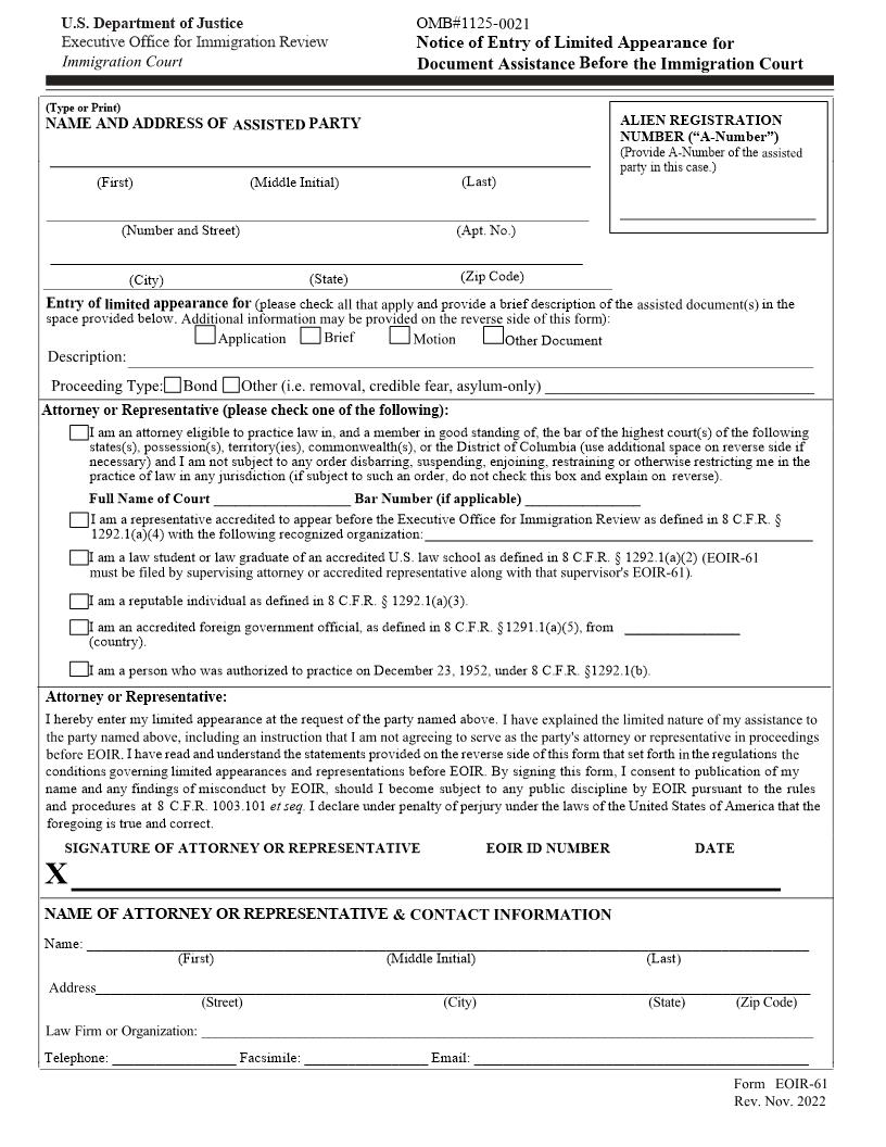 Notice Of Entry Of Limited Appearance For Document Assistance-Immigration Court {EOIR-61} | Pdf Fpdf Docx | Official Federal Forms