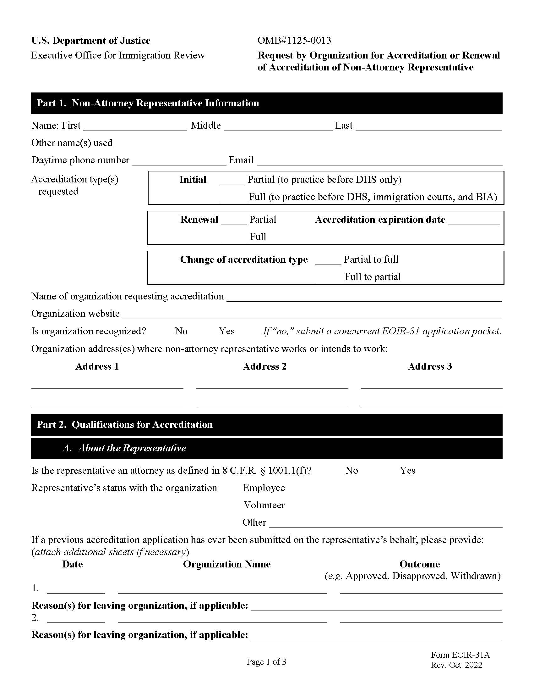 Request By Organization For Accreditation Of Non-Attorney Respresentative {EOIR-31A} | Pdf Fpdf Doc Docx | Official Federal Forms