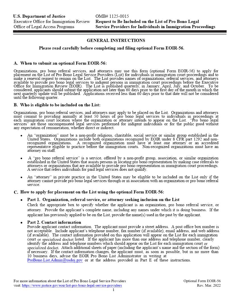 Request To Be Included On The List Of Pro Bono Legal Service Providers {EOIR-56} | Pdf Fpdf Docx | Official Federal Forms