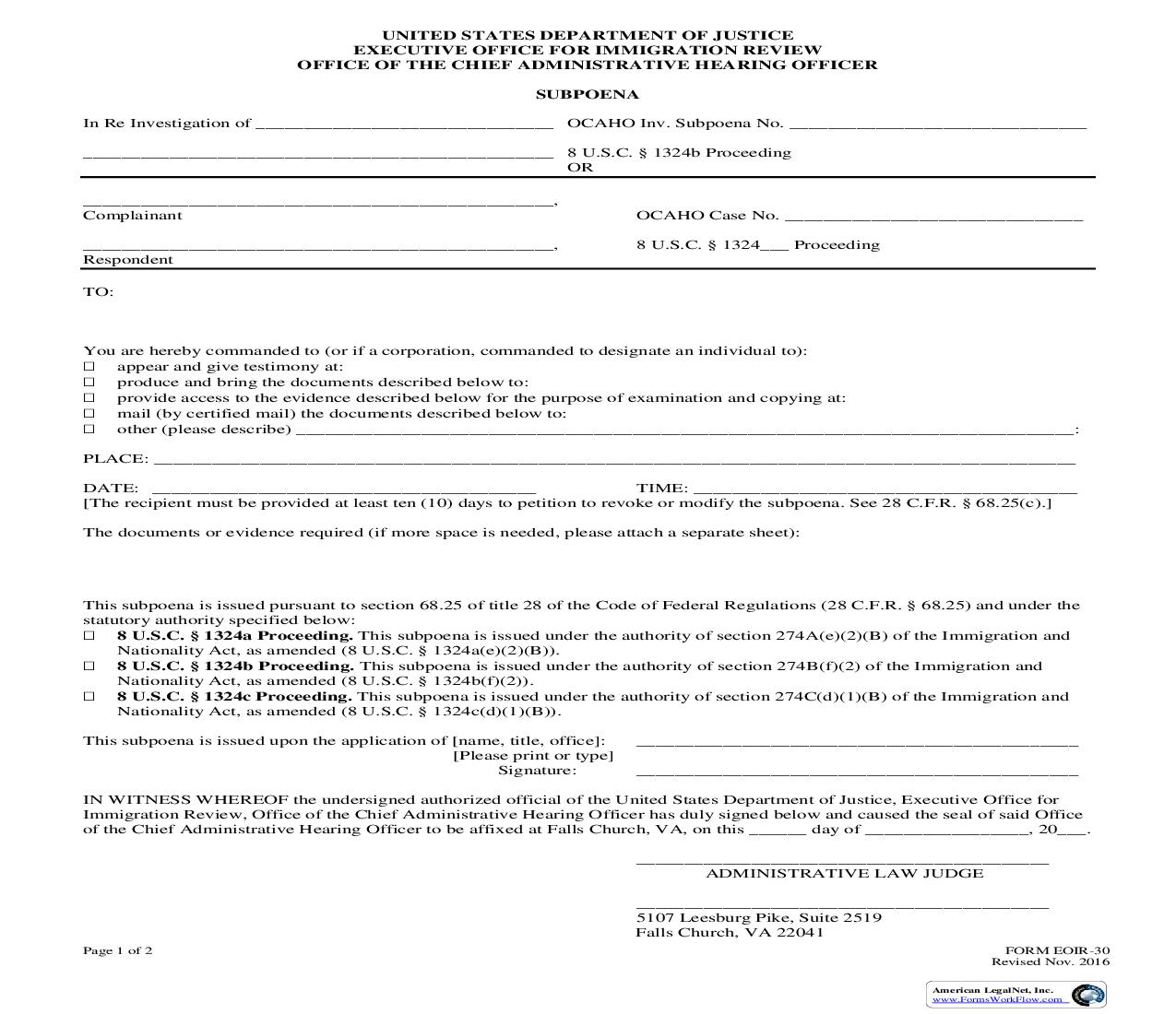 Subpoena {EOIR-30} | Pdf Fpdf Doc Docx | Official Federal Forms