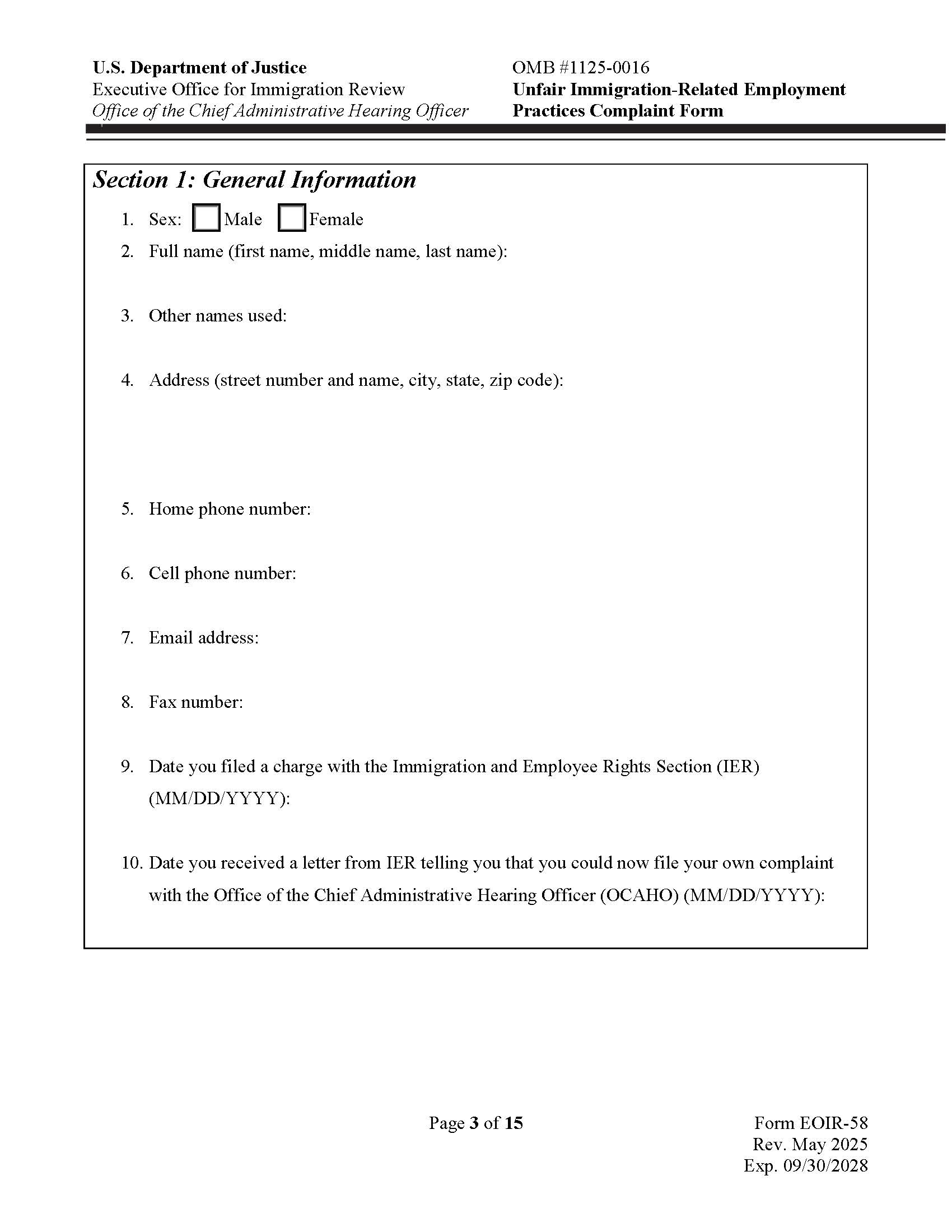 Unfair Immigration-Related Employment Practices Complaint Form {EOIR-58} | Pdf Fpdf Doc Docx | Official Federal Forms