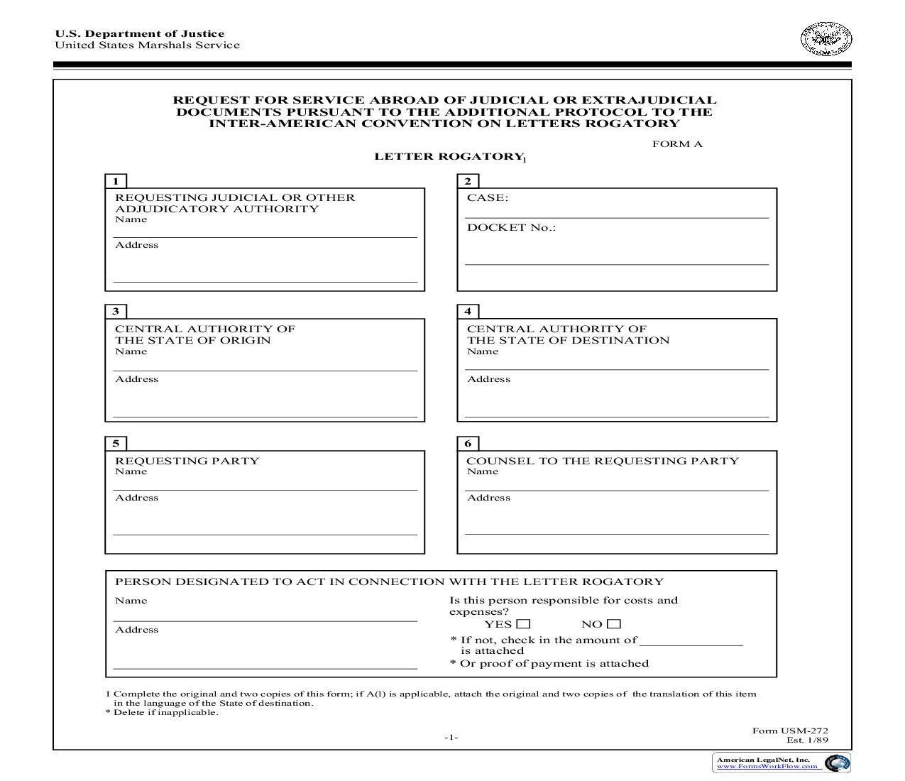 Request For Service Abroad Of Judicial Extrajudicial Documents Pursuant To The Additional Protocol {USM-272} | Pdf Fpdf Doc Docx | Official Federal Forms
