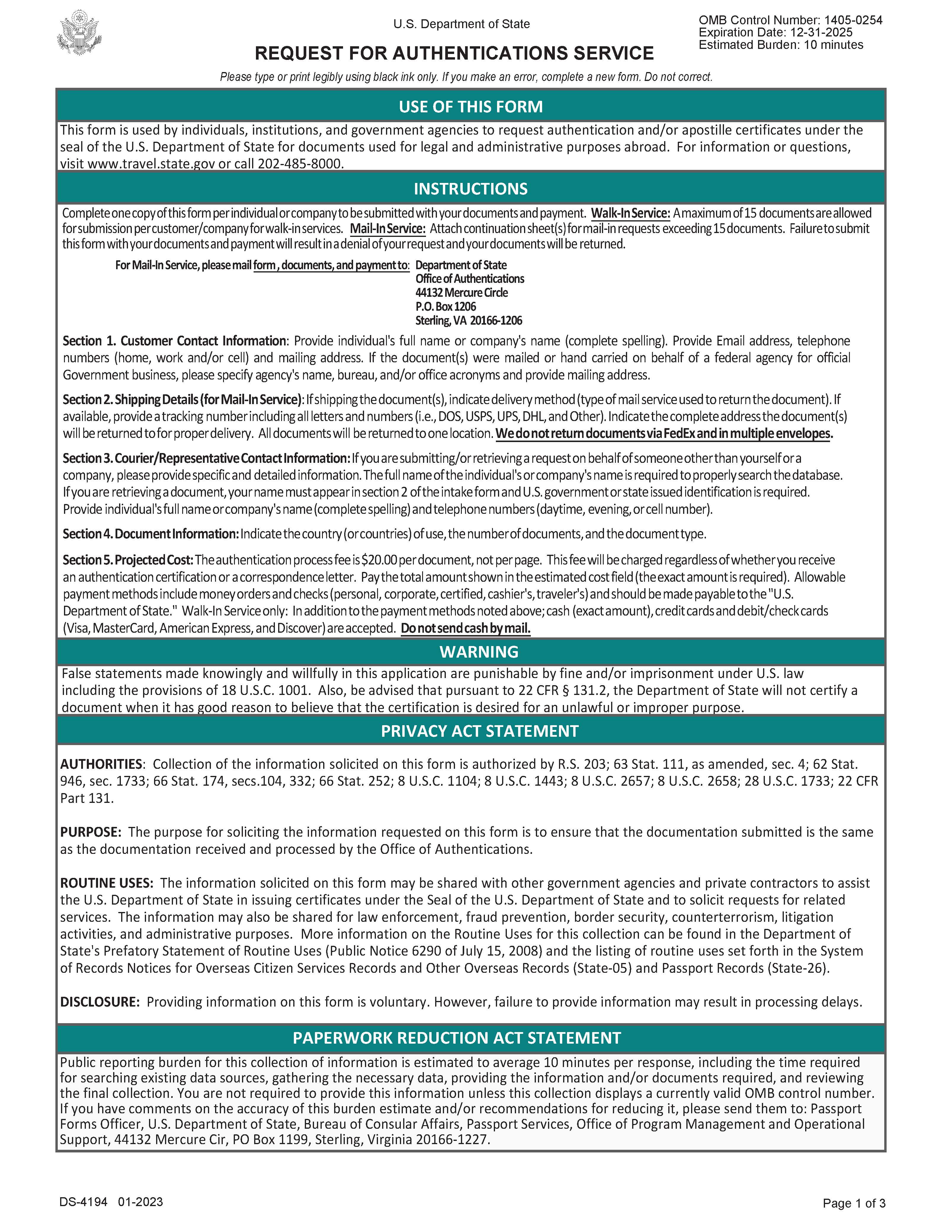 Request For Authentications Service {DS-4194} | Pdf Fpdf Doc Docx | Official Federal Forms