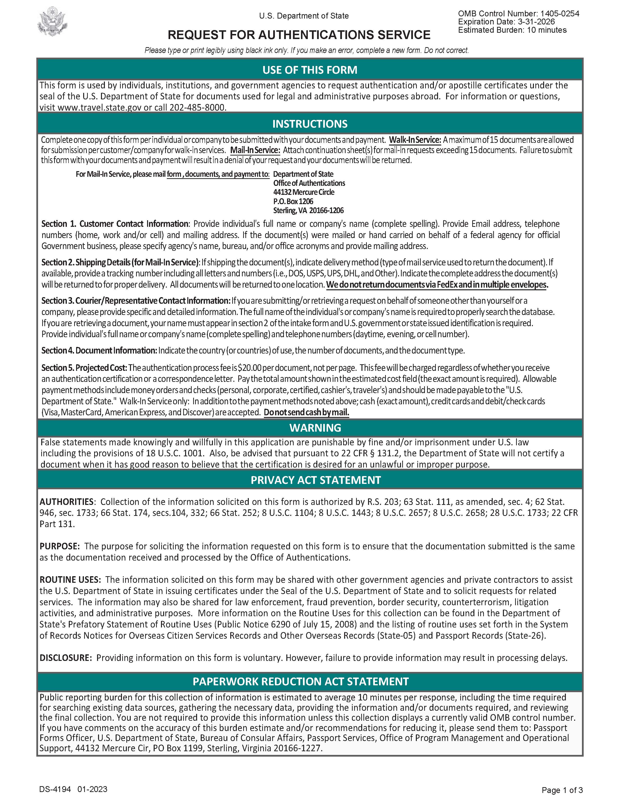Request For Authentications Service {DS-4194} | Pdf Fpdf Doc Docx | Official Federal Forms