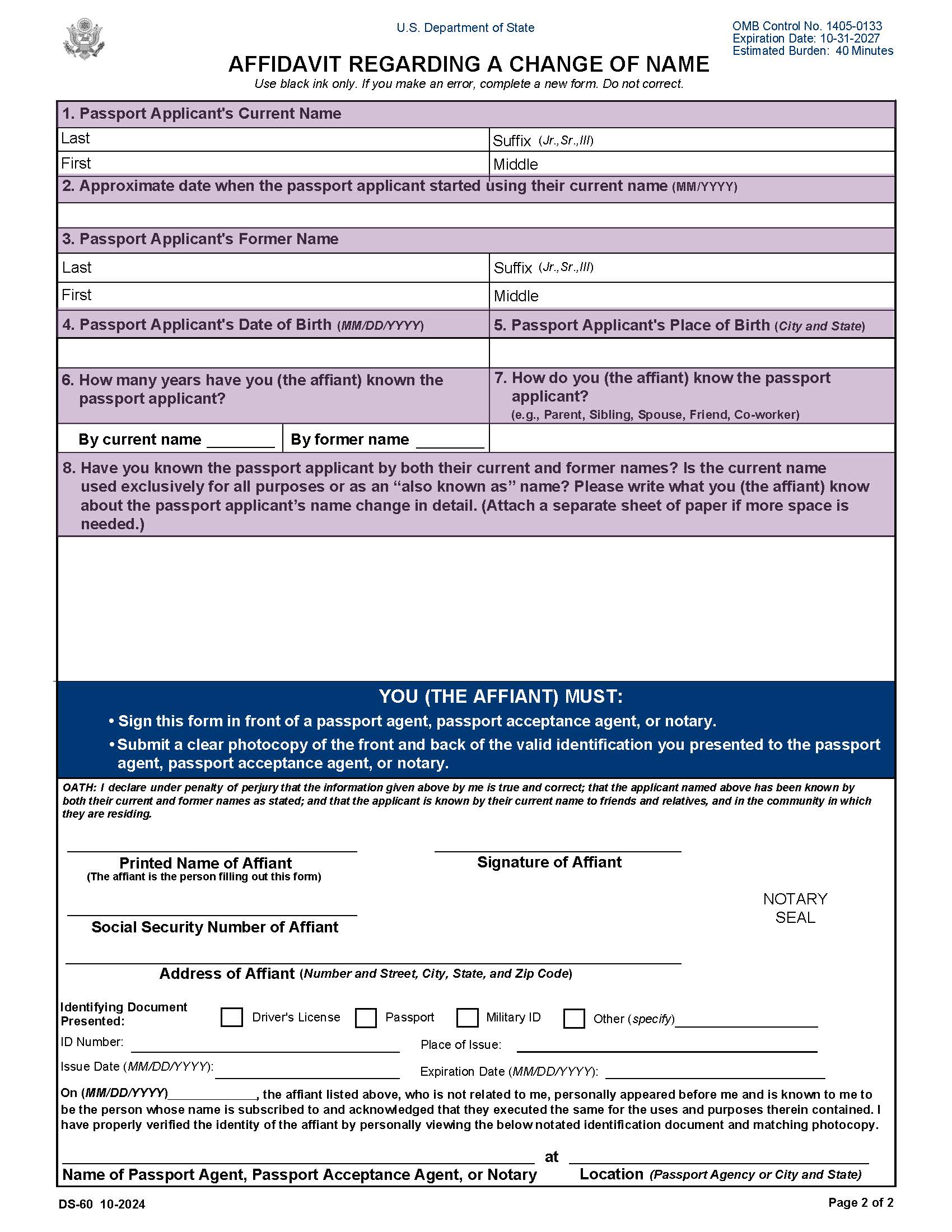 Affidavit Regarding A Change Of Name {DS-60} | Pdf Fpdf Doc Docx | Official Federal Forms