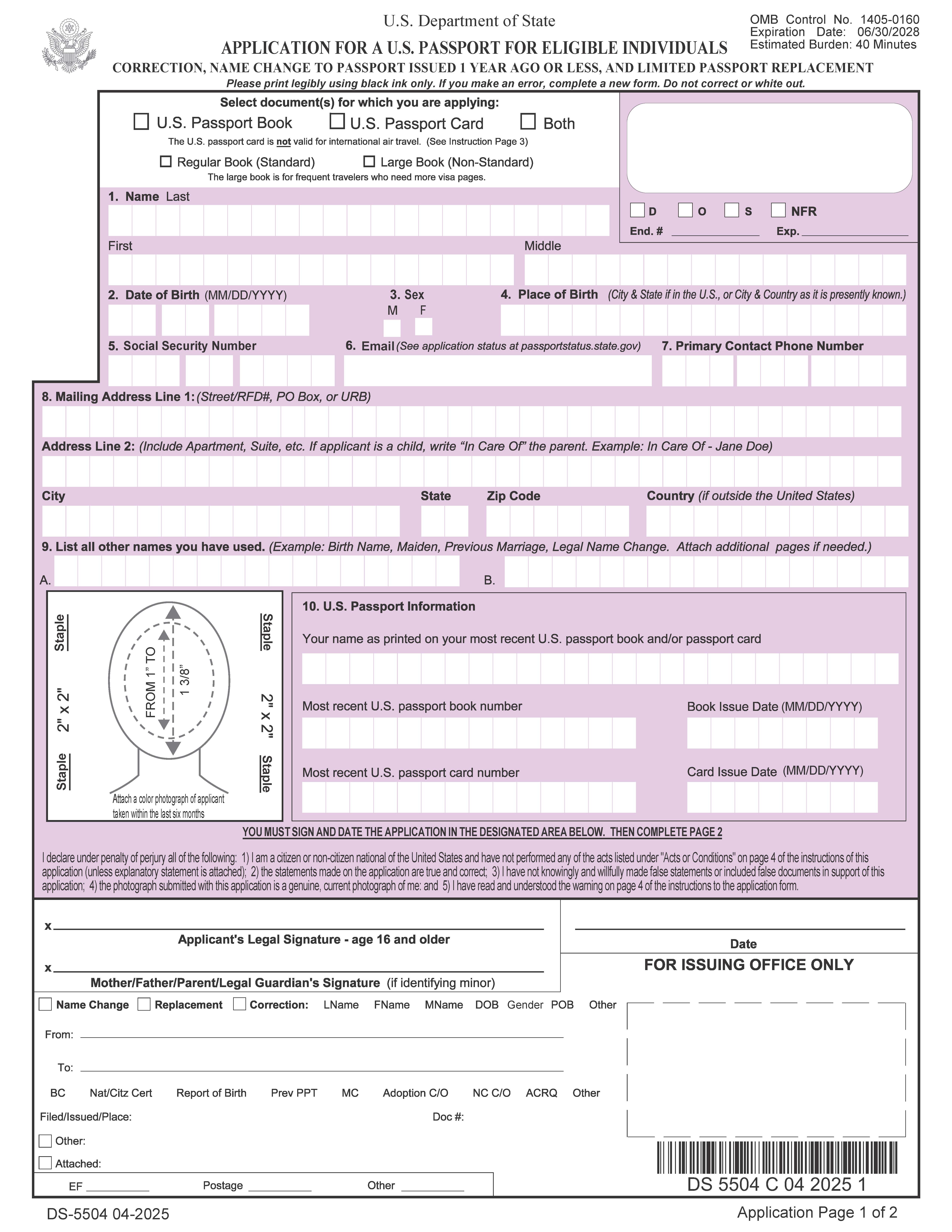 Application For A US Passport (Re-Application) {DS-5504} | Pdf Fpdf Doc Docx | Official Federal Forms