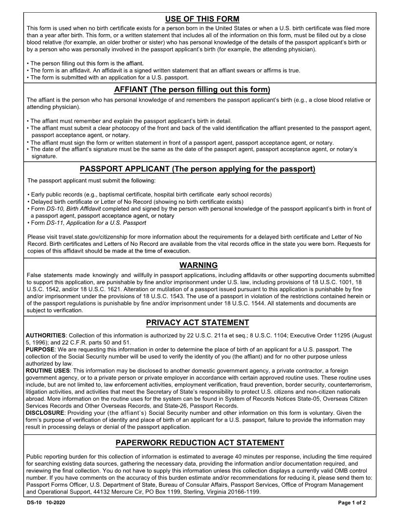 Birth Affidavit {DS-10} | Pdf Fpdf Doc Docx | Official Federal Forms