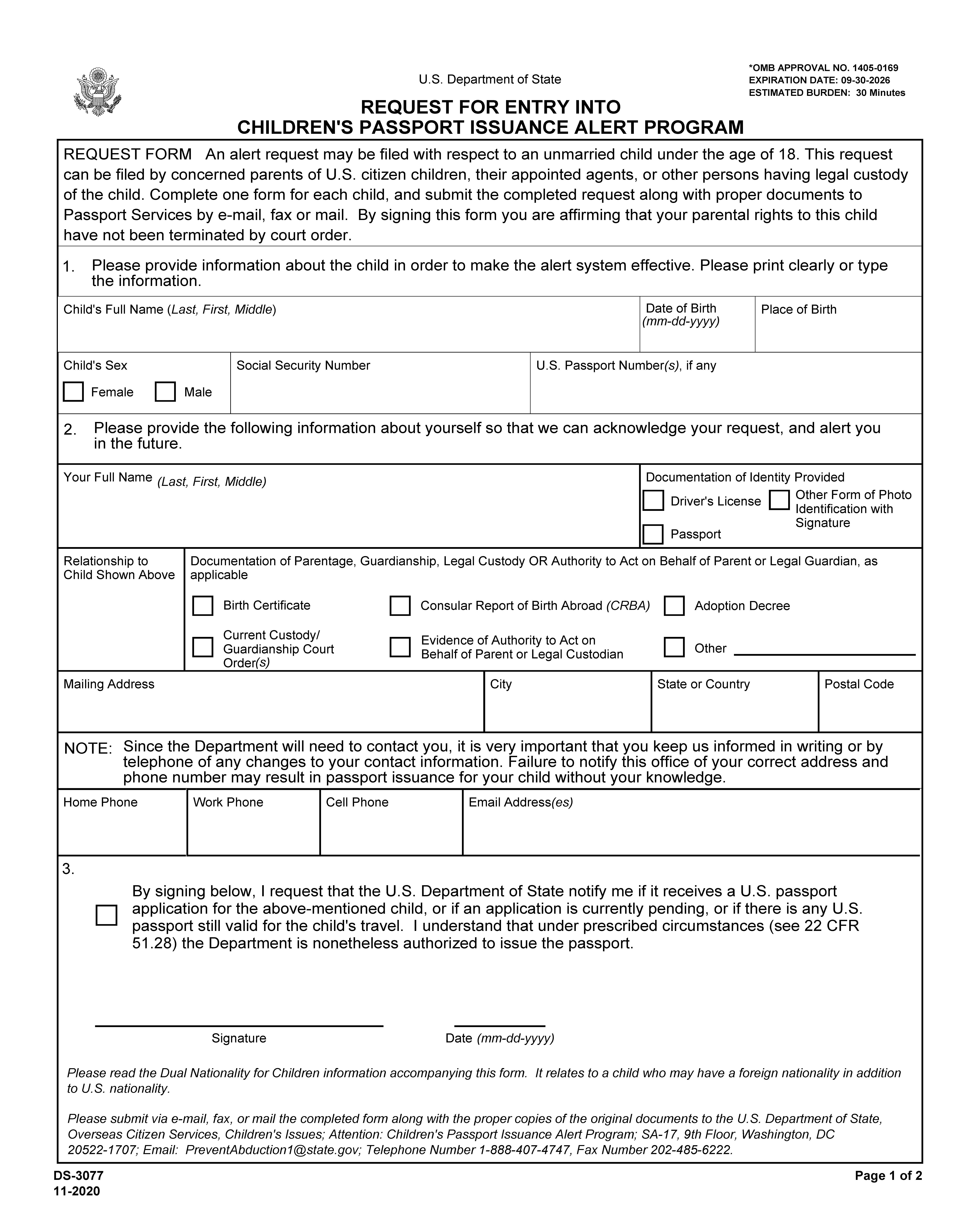 Request For Entry Into Childrens Passport Issuance Alert Program {DS-3077} | Pdf Fpdf Docx | Official Federal Forms