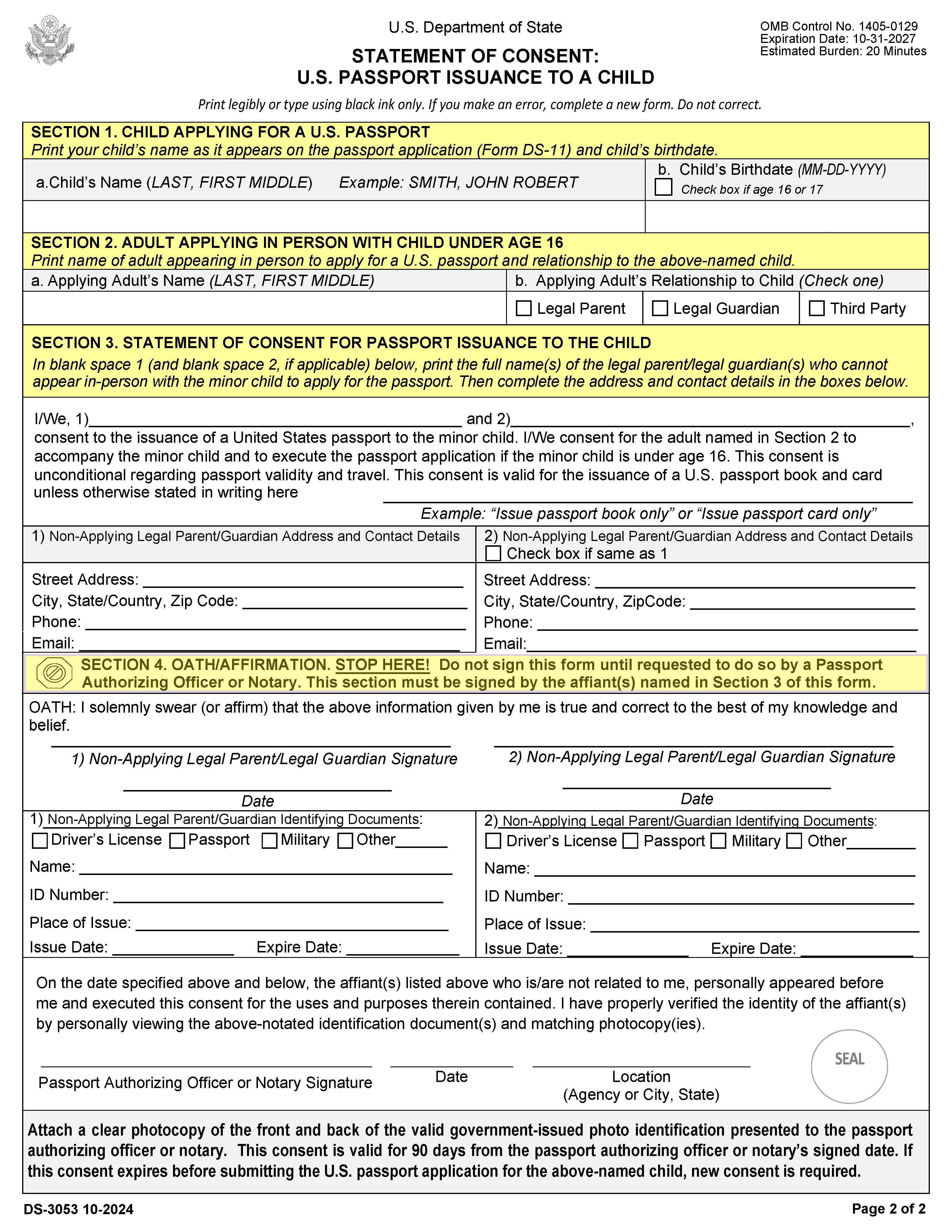 Statement Of Consent-Issuance Of A US Passport To A Minor Under Age 14 {DS-3053} | Pdf Fpdf Doc Docx | Official Federal Forms