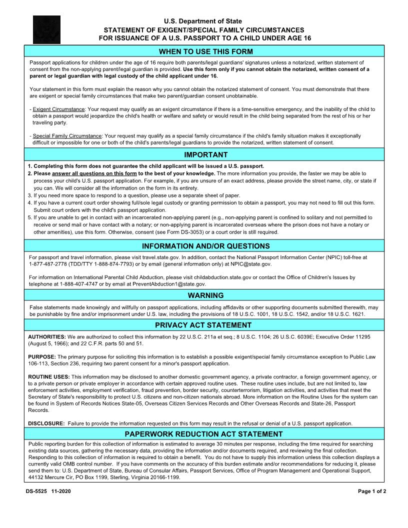 Statement Of Exigent-Special Family Circumstances For Issuance Of A Passport {DS-5525} | Pdf Fpdf Doc Docx | Official Federal Forms