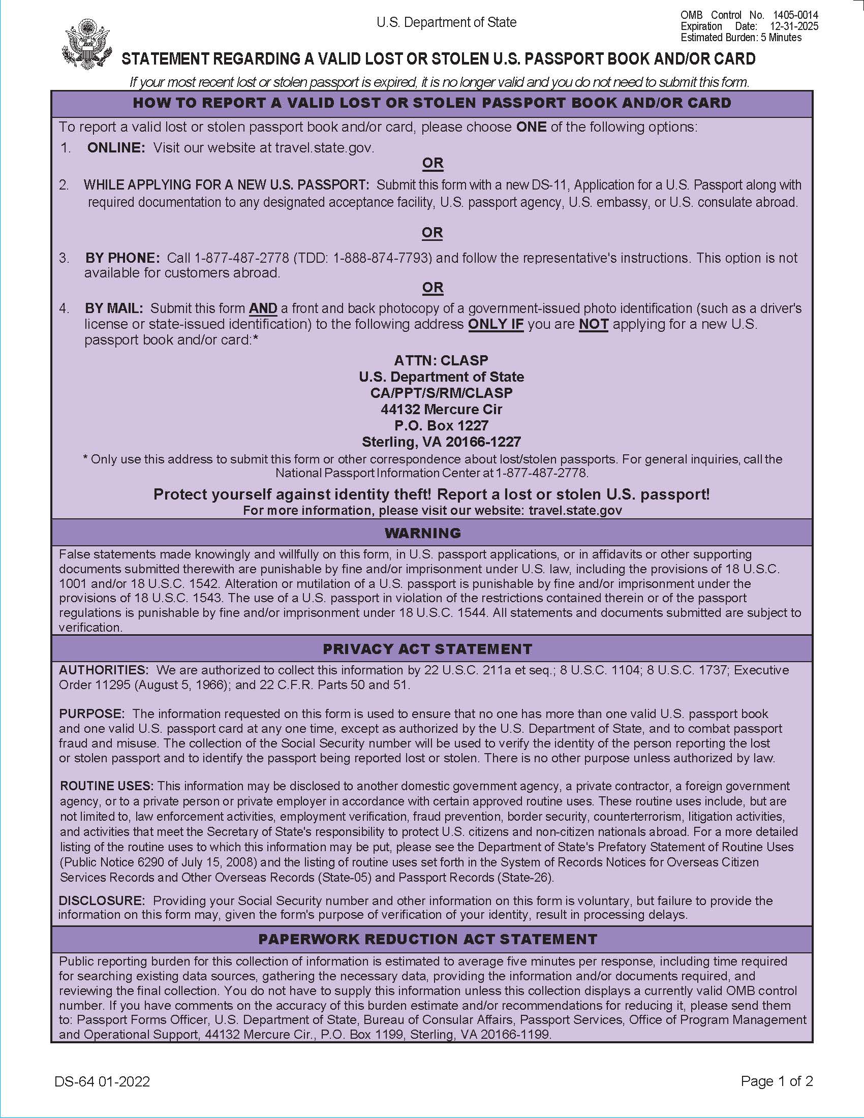 Statement Regarding Lost Or Stolen Passport {DS-64} | Pdf Fpdf Docx | Official Federal Forms