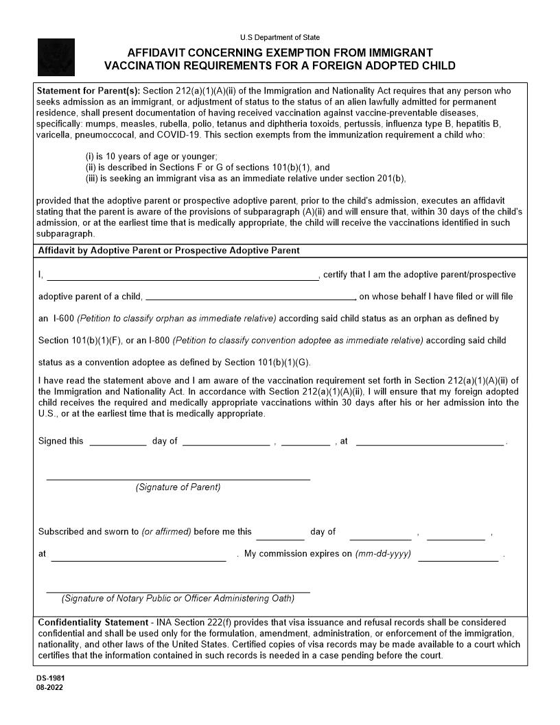 Affidavit Concerning Exemption From Immigrant Vaccination Requirements For A Foreign Adopted Child {DS-1981} | Pdf Fpdf Doc Docx | Official Federal Forms