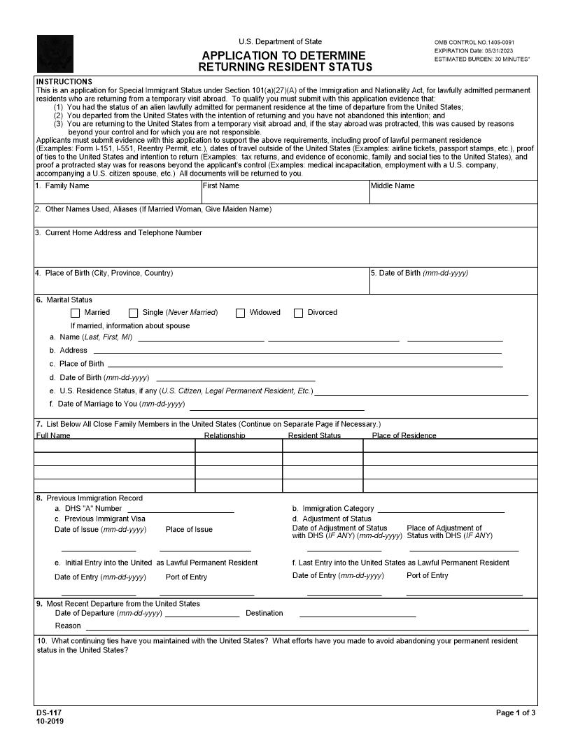 Application To Determine Returning Resident Status {DS-117} | Pdf Fpdf Doc Docx | Official Federal Forms