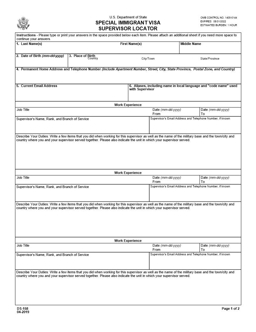 Contact Information And Work History For Nonimmigrant Visa Applicant {DS-158} | Pdf Fpdf Docx | Official Federal Forms