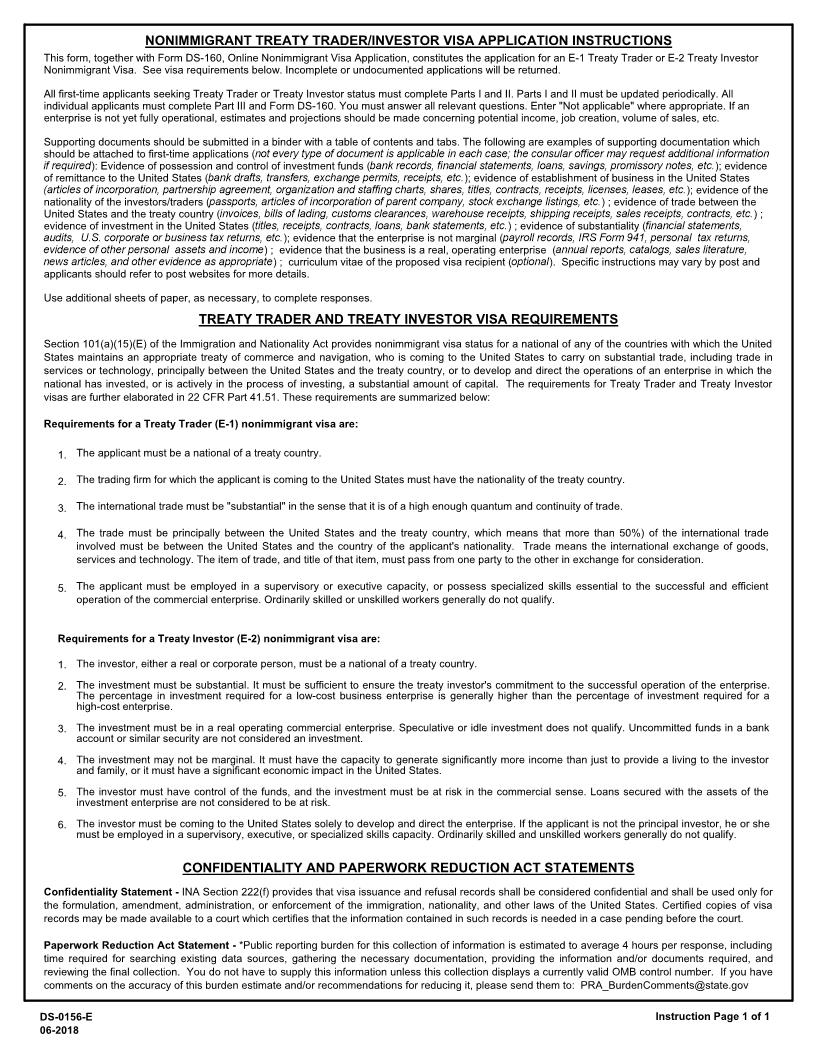 Nonimmigrant Treaty Trader Investor Application {DS-156E} | Pdf Fpdf Docx | Official Federal Forms