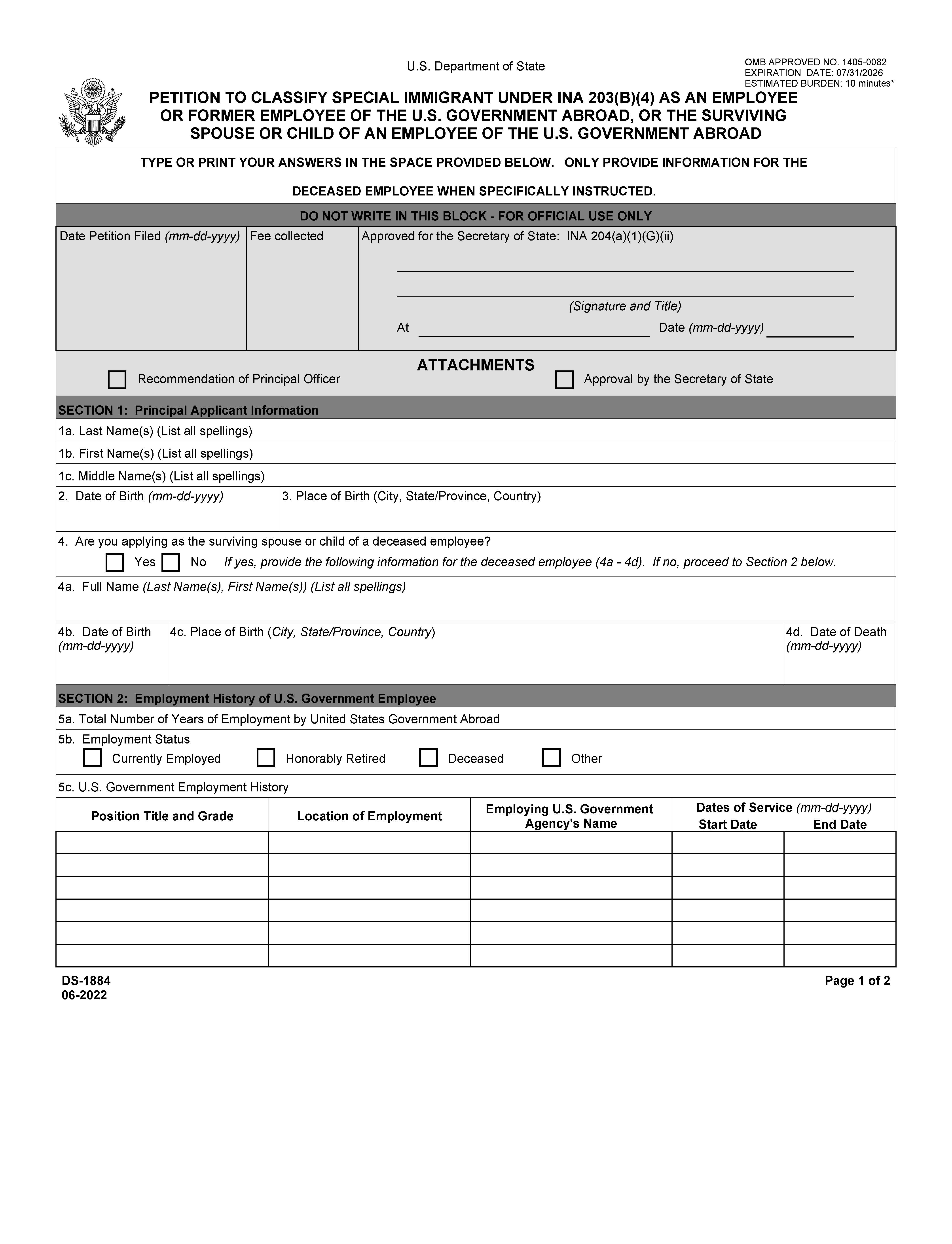 Petition To Classify Special Immigrant Under INA 203(b)(4) As An Employee {DS-1884} | Pdf Fpdf Docx | Official Federal Forms