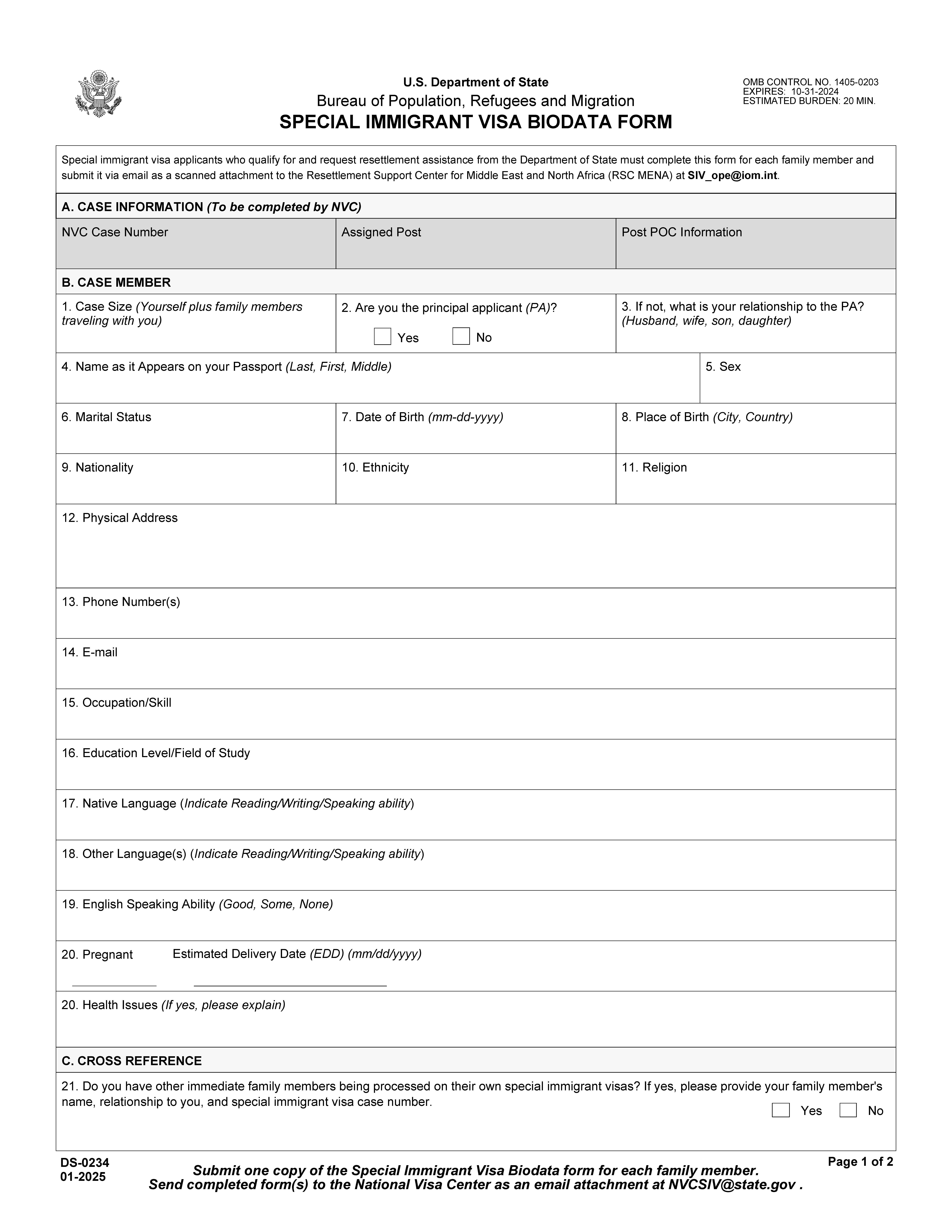 Special Immigrant Visa Biodata Form {DS-234} | Pdf Fpdf Docx | Official Federal Forms