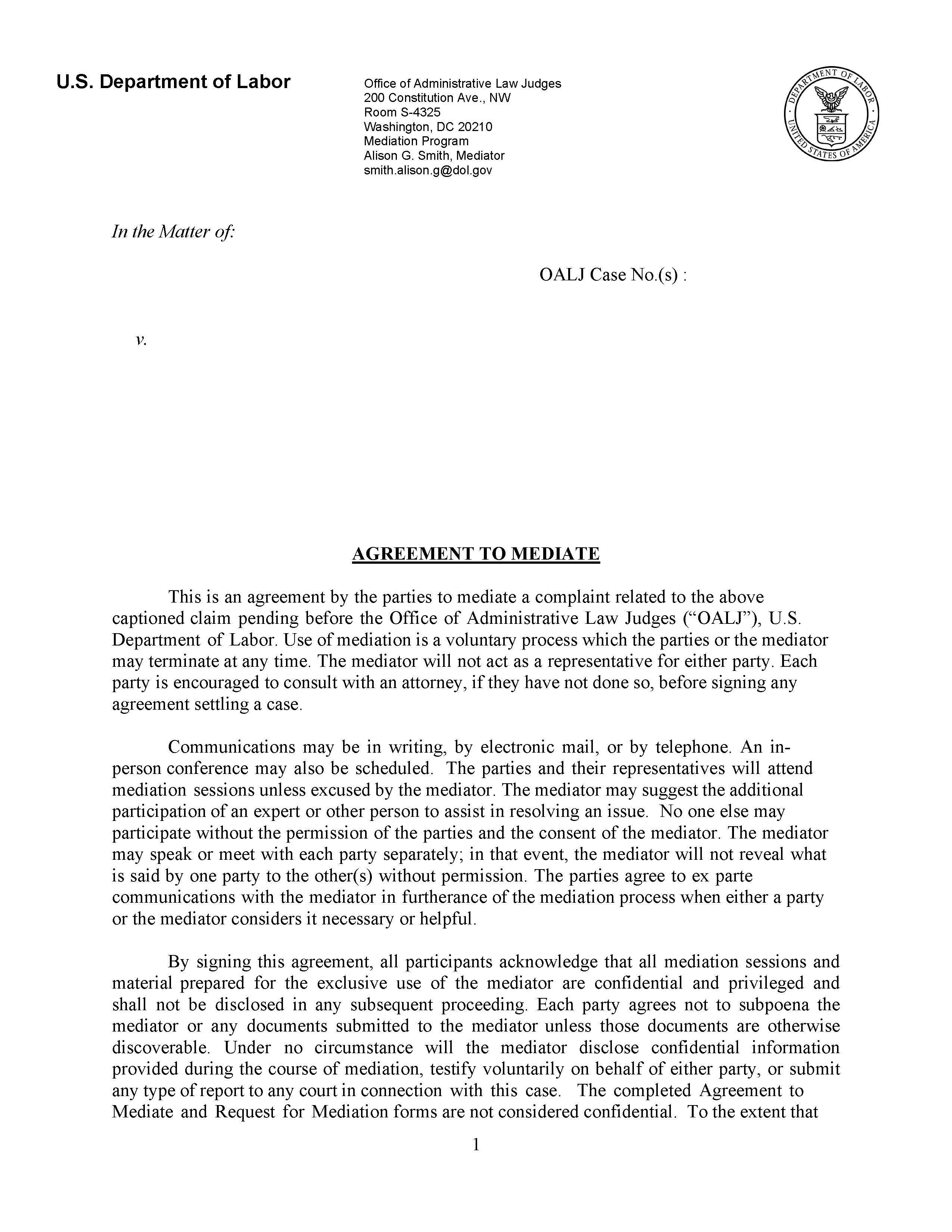 Agreement To Mediate (OALJ) | Pdf Fpdf Docx | Official Federal Forms