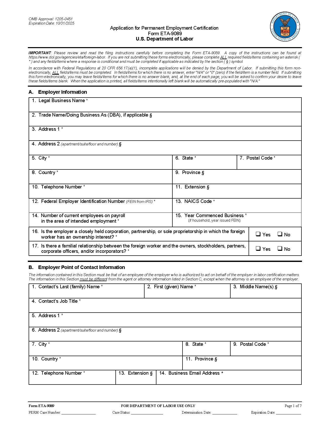 Application For Permanent Employment Certification {ETA-9089} | Pdf Fpdf Doc Docx | Official Federal Forms