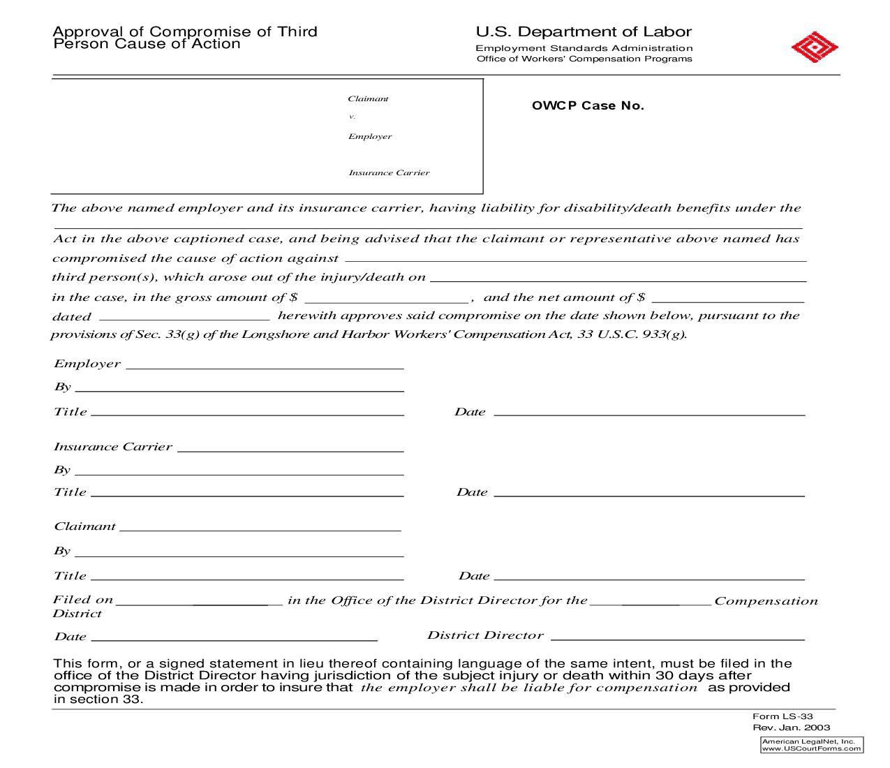 Approval Of Compromise Of Third Person Cause Of Action {LS-33} | Pdf Fpdf Doc Docx | Official Federal Forms