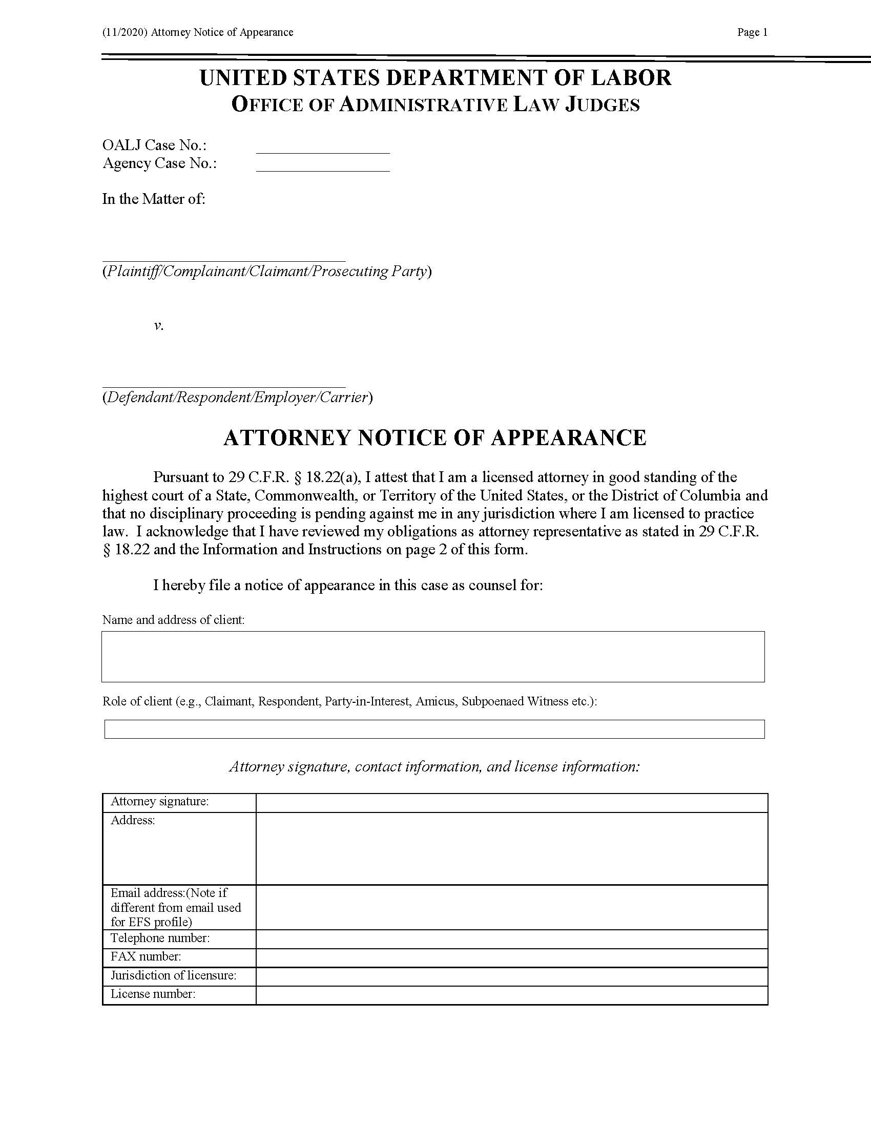 Attorney Notice Of Appearance (OALJ) | Pdf Fpdf Docx | Official Federal Forms