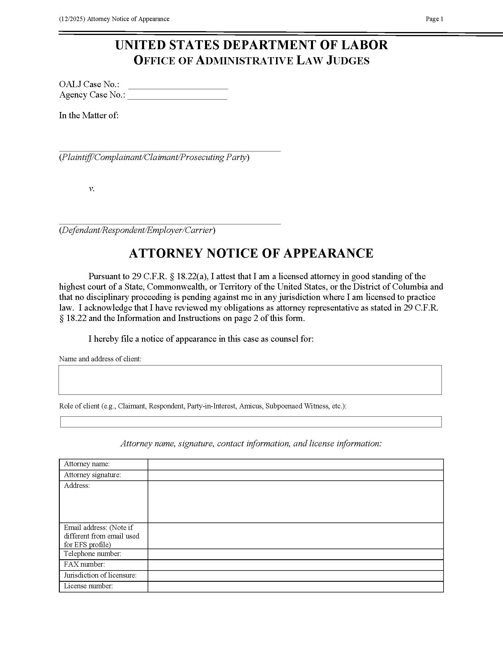Attorney Notice Of Appearance (OALJ) | Pdf Fpdf Docx | Official Federal Forms