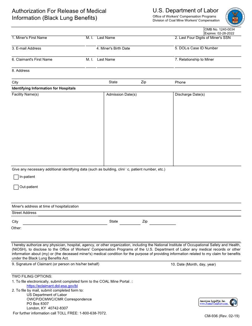 Authorization For Release Of Medical Information (Black Lung Benefits) {CM-936} | Pdf Fpdf Docx | Official Federal Forms