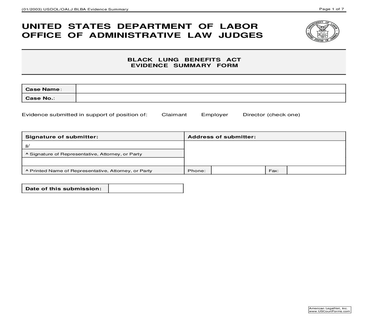 Black Lung Benefits Act Evidence Summary Form (OALJ) | Pdf Fpdf Doc Docx | Official Federal Forms