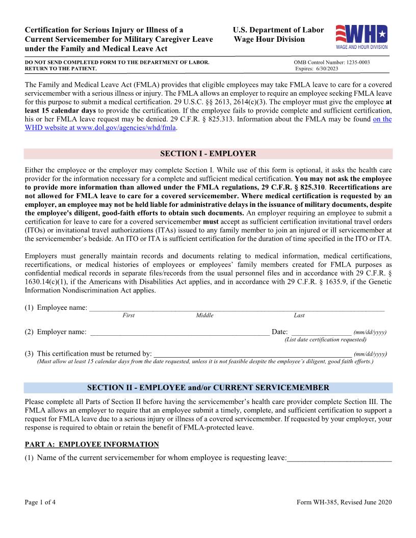 Certification For Serious Injury Or Illness Of Covered Servicemember {WH-385} | Pdf Fpdf Docx | Official Federal Forms