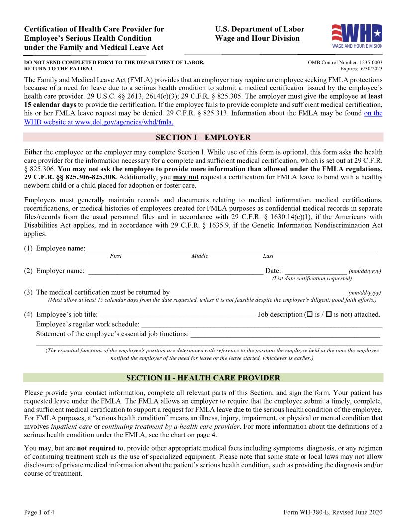 Certification Of Health Care Provider For Employees Serious Health Condition {WH-380-E} | Pdf Fpdf Docx | Official Federal Forms