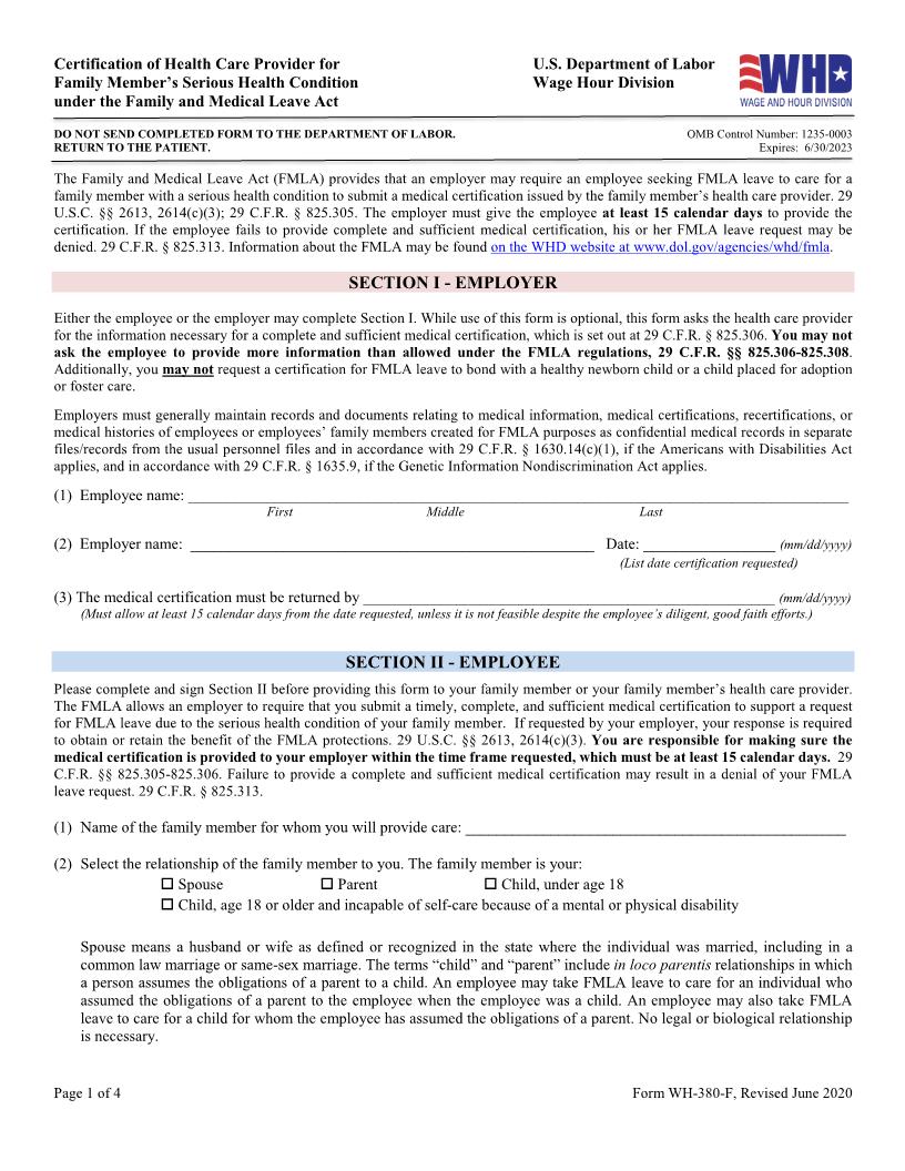 Certification Of Health Care Provider For Family Members Serious Health Condition {WH-380-F} | Pdf Fpdf Docx | Official Federal Forms