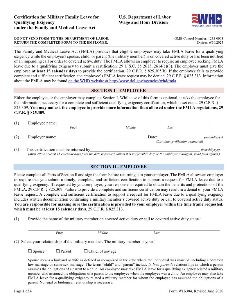 Certification Of Qualifying Exigency For Military Family Leave {WH-384} | Pdf Fpdf Docx | Official Federal Forms