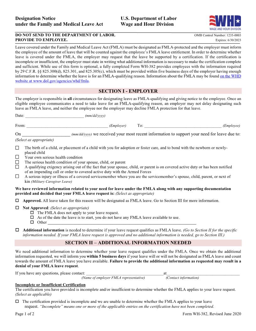 Designation Notice (Family And Medical Leave Act) {WH-382} | Pdf Fpdf Docx | Official Federal Forms