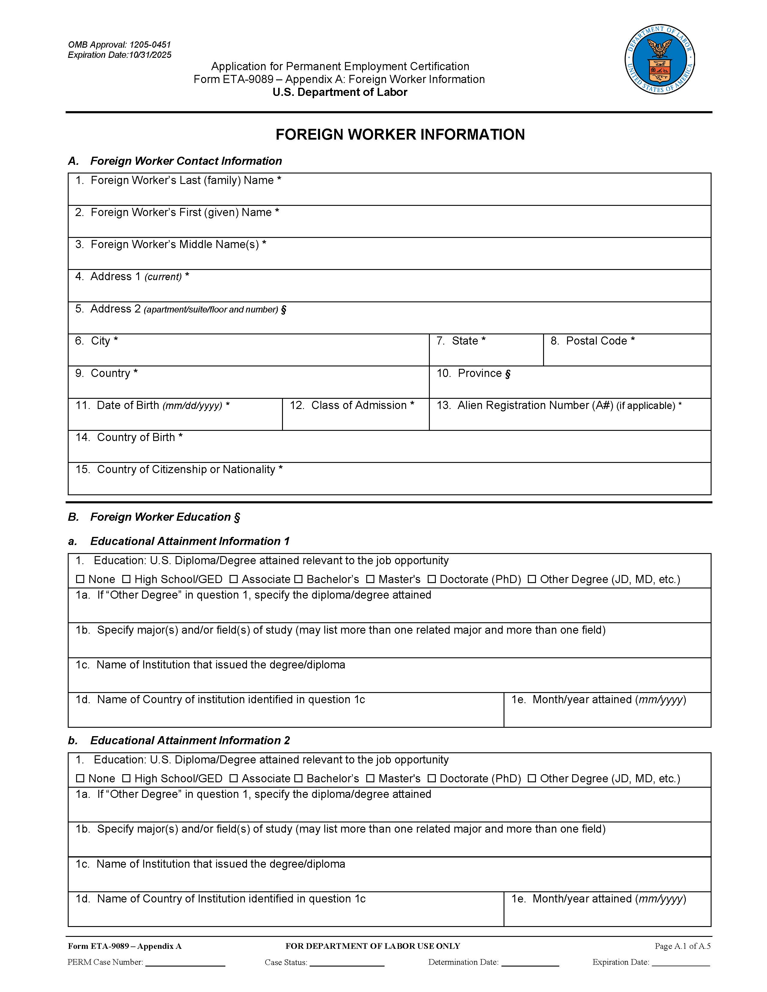 ETA-9089 Appendix A (Foreign Worker Information) {ETA-9089} | Pdf Fpdf Docx | Official Federal Forms