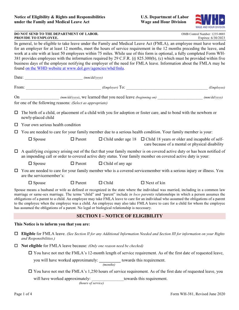 Employer Response To Employee Request For Family Or Medical Leave {WH-381} | Pdf Fpdf Docx | Official Federal Forms
