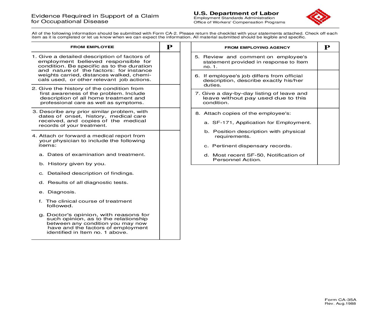 Evidence Required In Support Of A Claim For Occupational Disease {CA-35} | Pdf Fpdf Doc Docx | Official Federal Forms