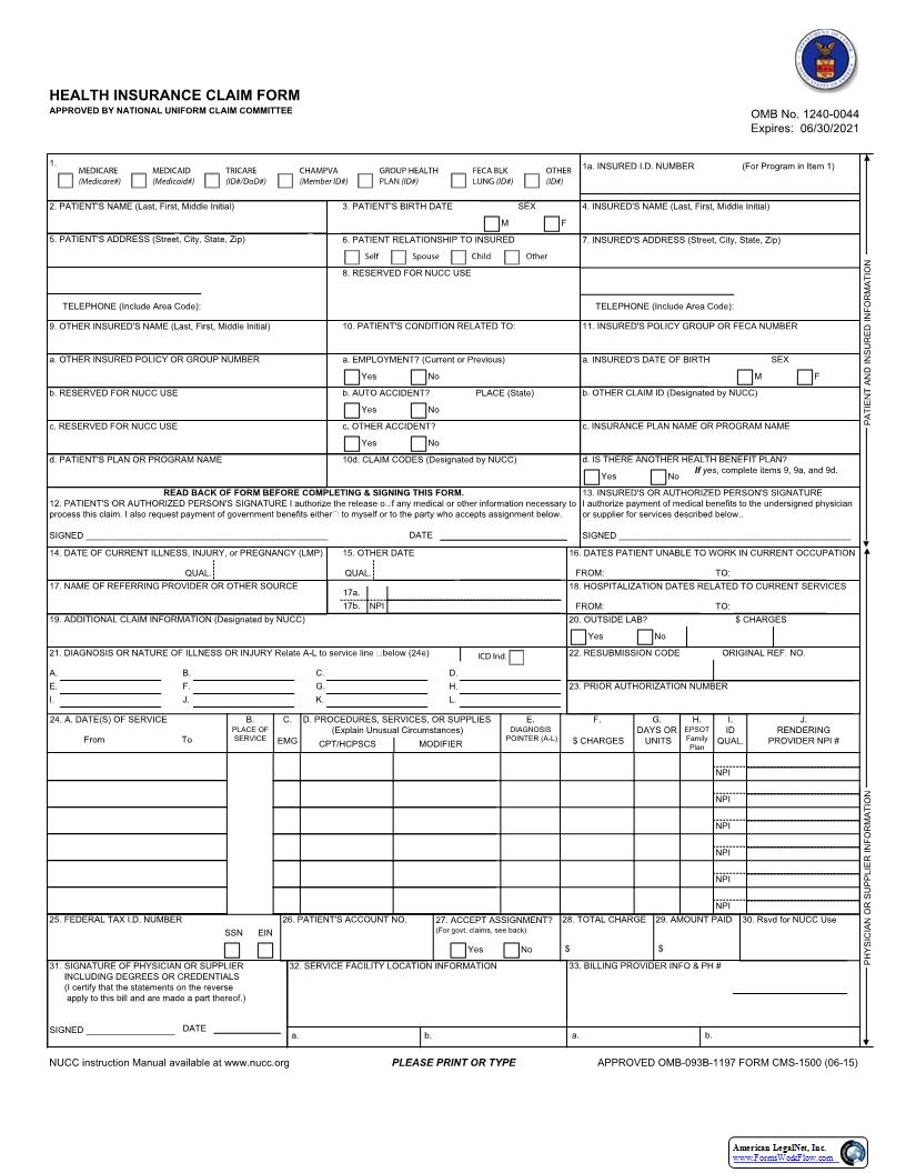 Health Insurance Claim Form {OWCP-1500} | Pdf Fpdf Docx | Official Federal Forms