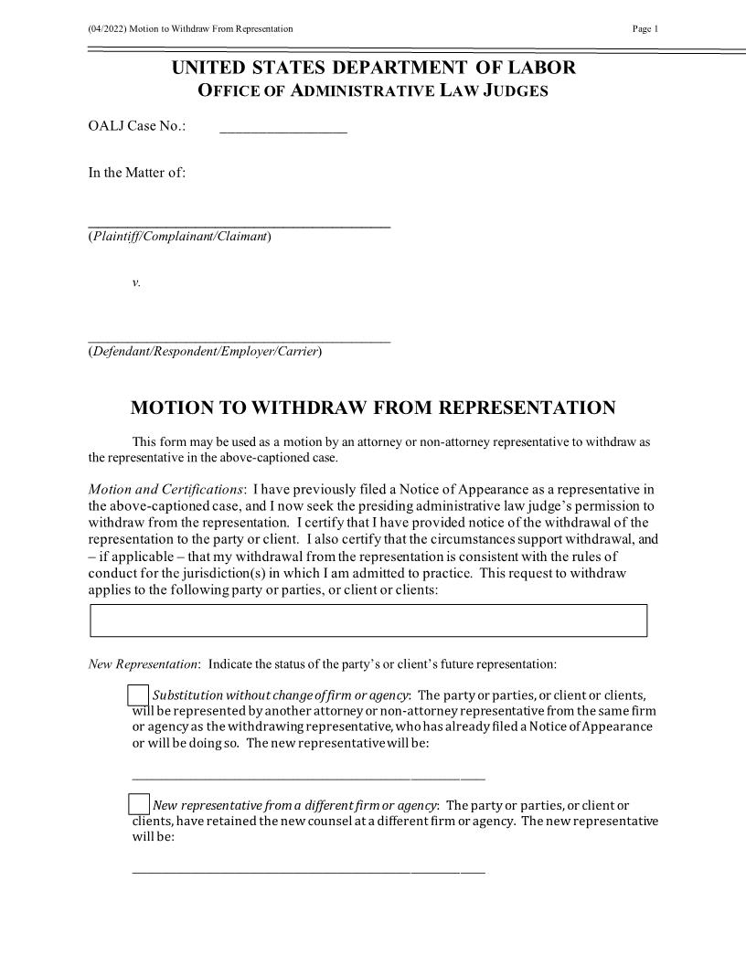 Motion (By Attorney Or Other Representative) To Withdraw From Representation (OALJ) | Pdf Fpdf Docx | Official Federal Forms