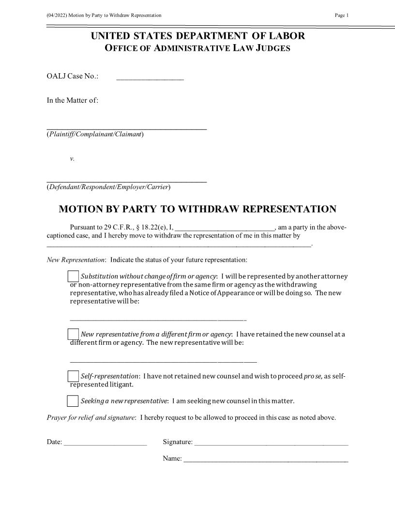 Motion By Party To Withdraw Representation (OALJ) | Pdf Fpdf Docx | Official Federal Forms
