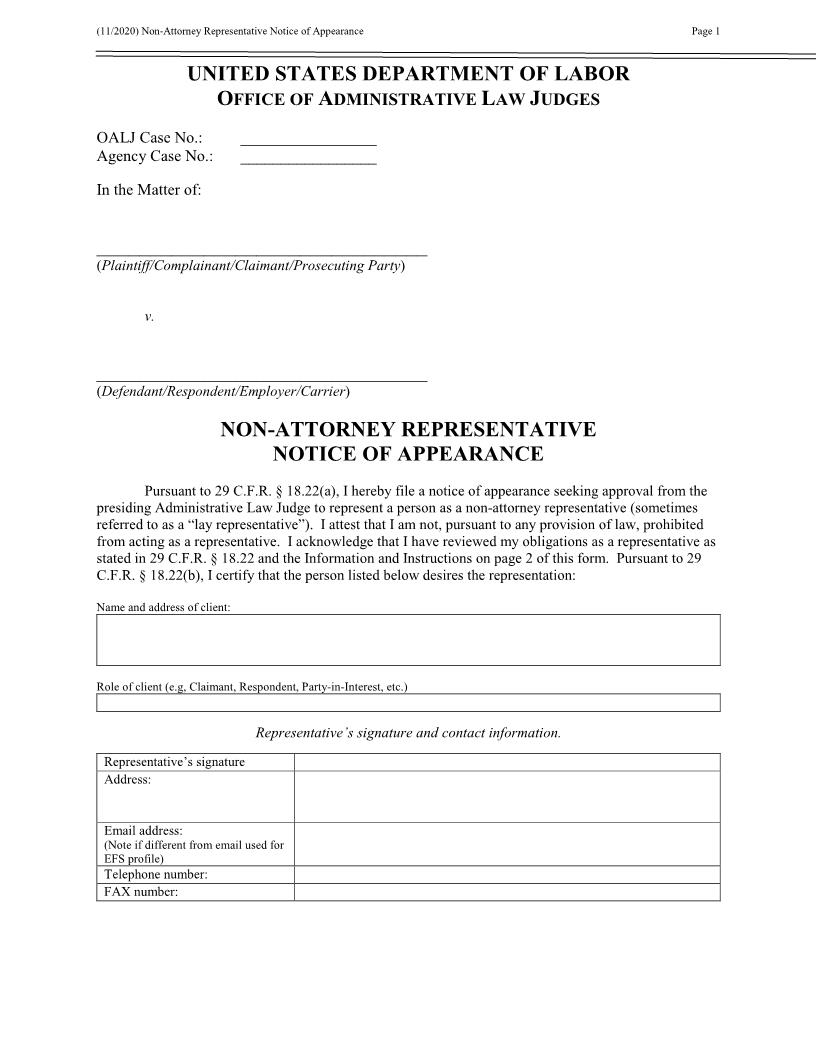 Non-Attorney Notice Of Appearance (OALJ) | Pdf Fpdf Docx | Official Federal Forms