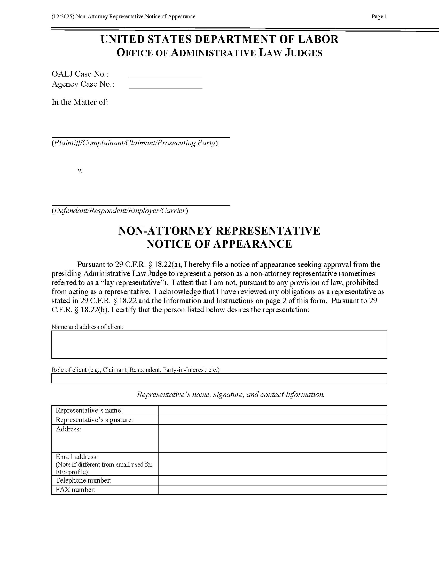 Non-Attorney Notice Of Appearance (OALJ) | Pdf Fpdf Docx | Official Federal Forms