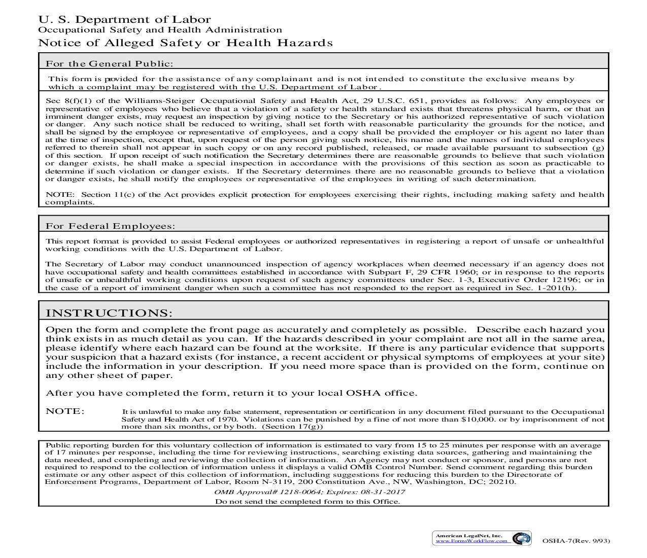 Notice Of Alleged Safety Or Health Hazards {OSHA-7} | Pdf Fpdf Doc Docx | Official Federal Forms