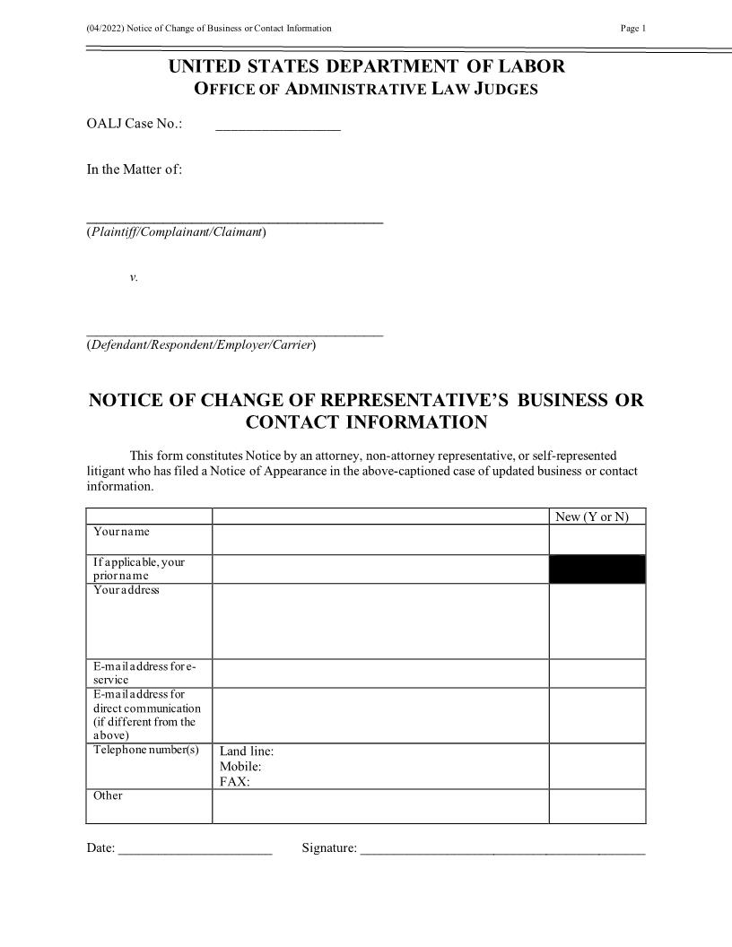 Notice Of Representatives Change In Business Or Contact Information (OALJ) | Pdf Fpdf Docx | Official Federal Forms
