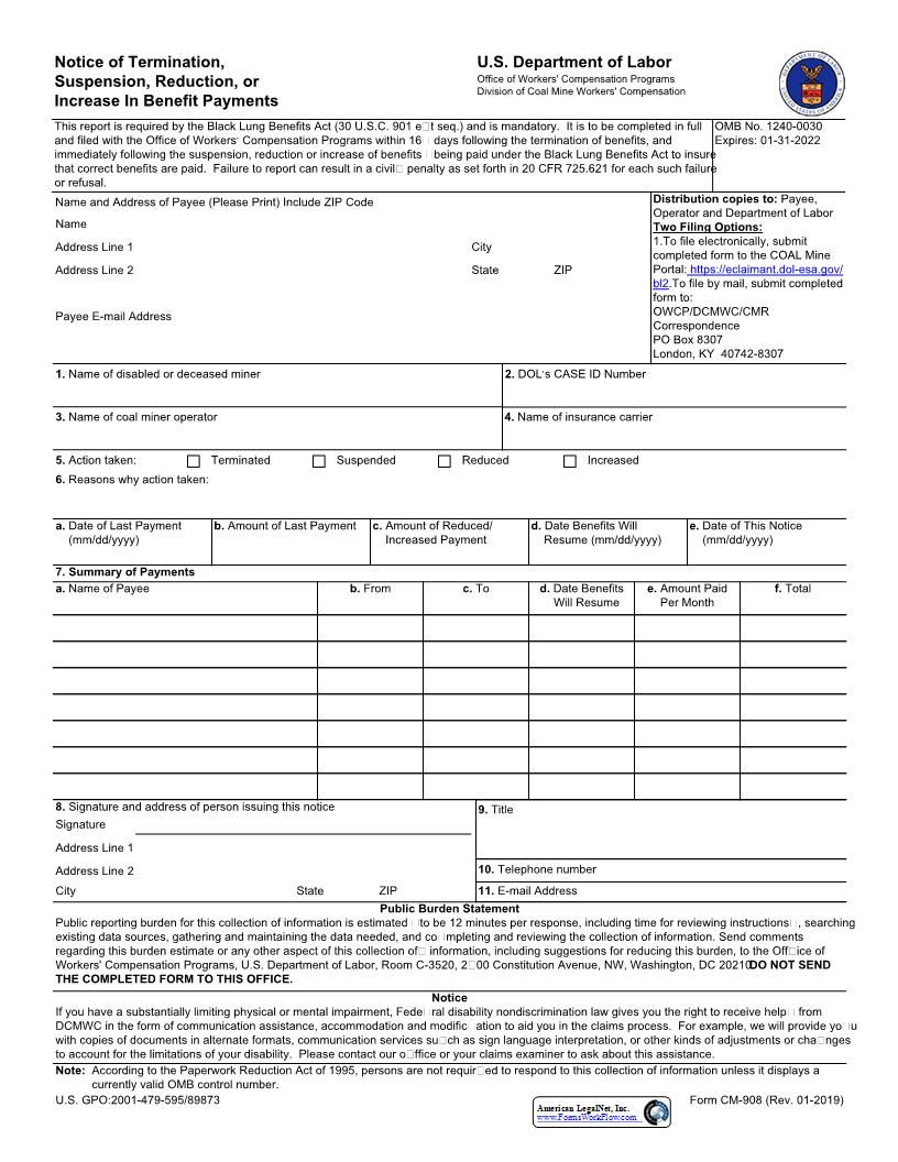Notice Of Termination Suspension Reduction Or Increase In Benefit Payments {CM-908} | Pdf Fpdf Docx | Official Federal Forms