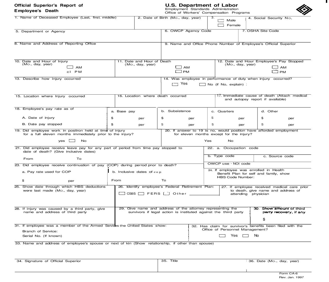 Official Superiors Report Of Employees Death {CA-6} | Pdf Fpdf Doc Docx | Official Federal Forms