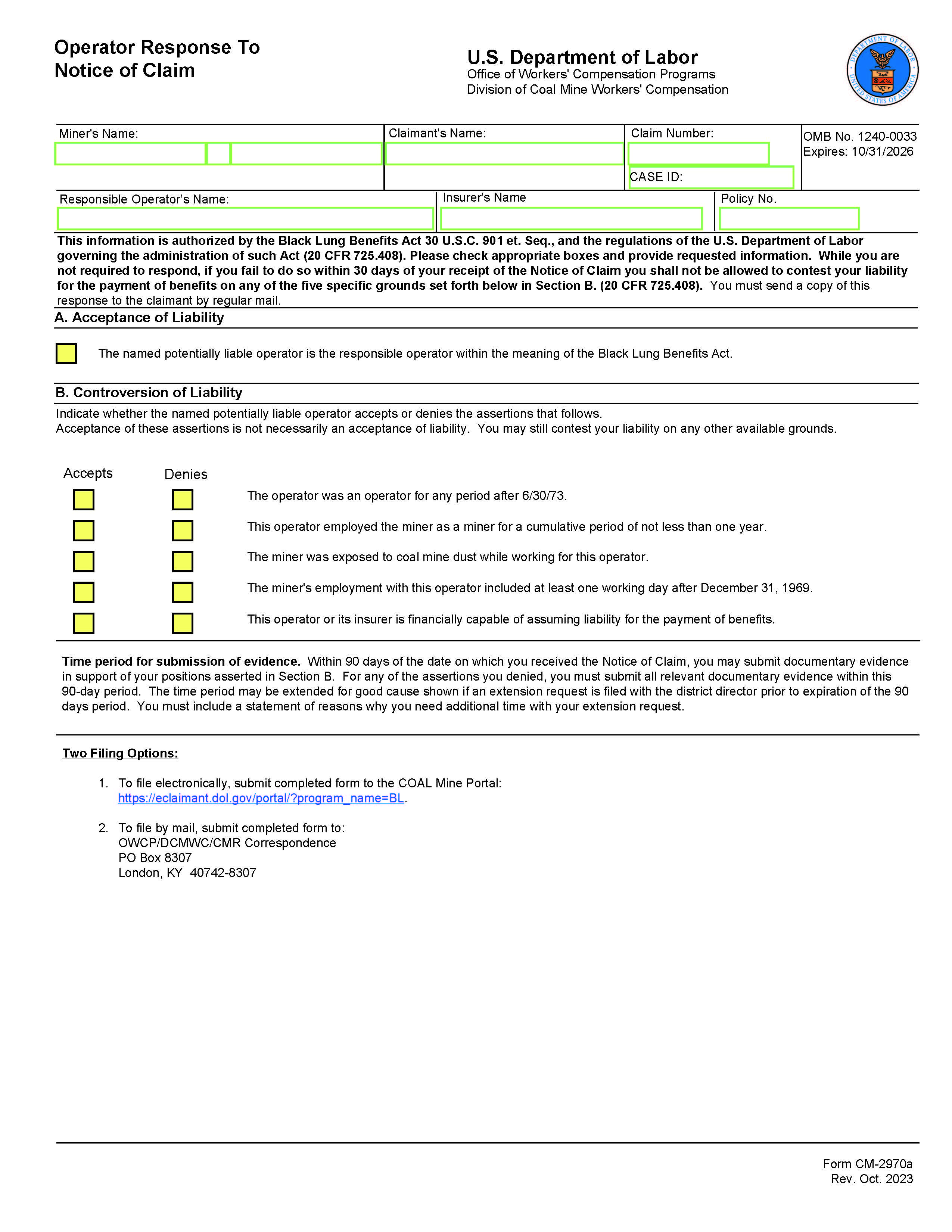 Operator Response To Notice Of Claim {CM-2970a} | Pdf Fpdf Doc Docx | Official Federal Forms