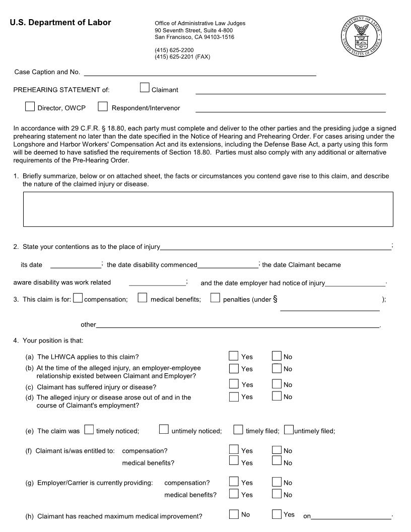 Pretrial Statement (OALJ San Francisco District) | Pdf Fpdf Doc Docx | Official Federal Forms
