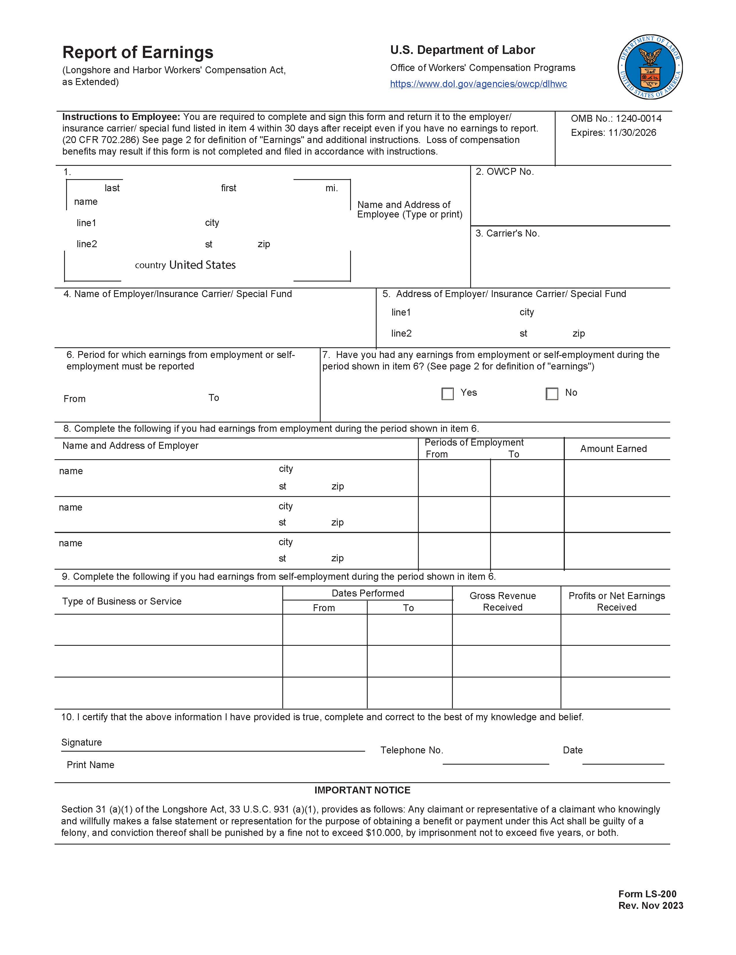 Report Of Earnings {LS-200} | Pdf Fpdf Doc Docx | Official Federal Forms