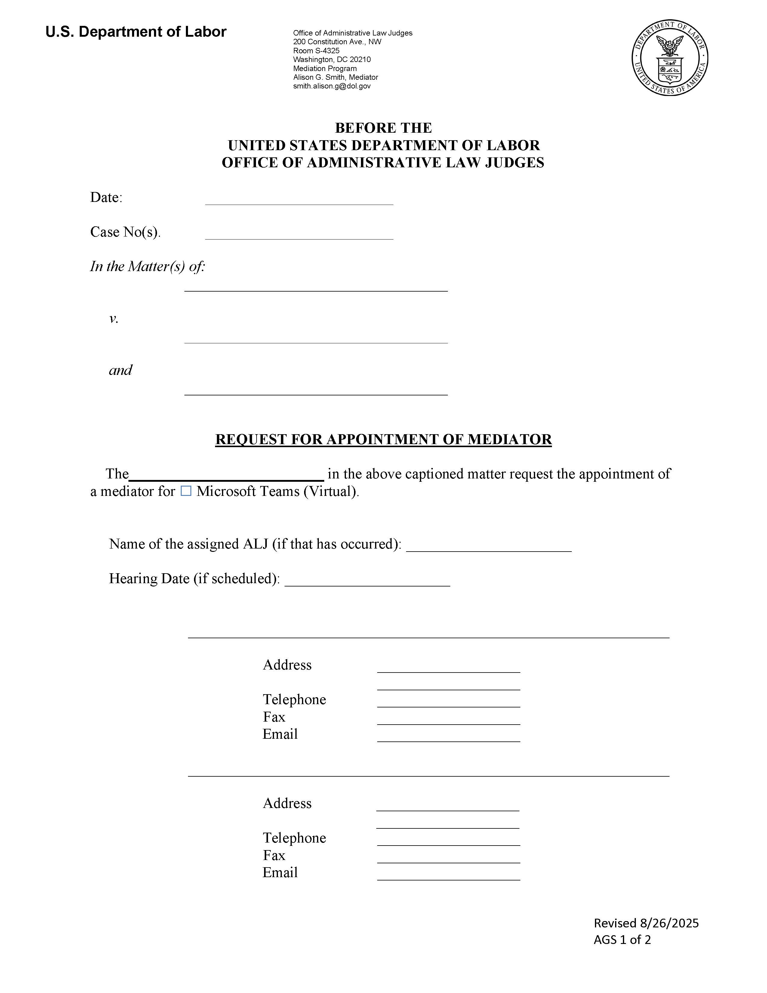 Request For Appointment Of Mediator (OALJ) | Pdf Fpdf Docx | Official Federal Forms